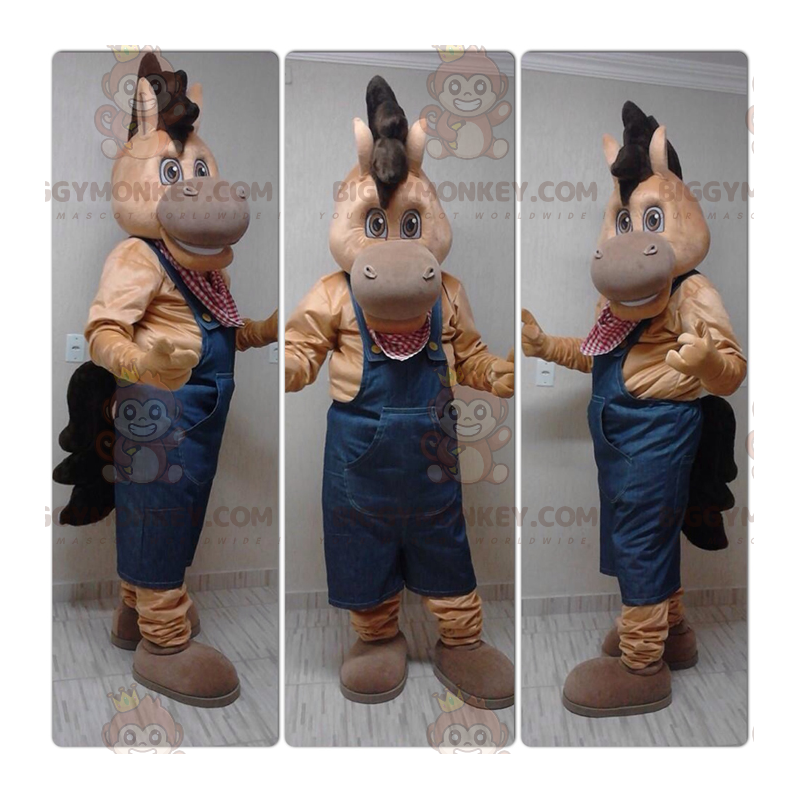 Disfraz de mascota Brown Colt Horse BIGGYMONKEY™ vestido con overol - Mascotas de caballo - BIGGYMONKEY_05990 - BiggyMonkey.com