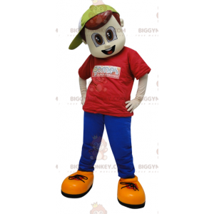 Pojke BIGGYMONKEY™ maskotdräkt klädd i rött och blått med keps