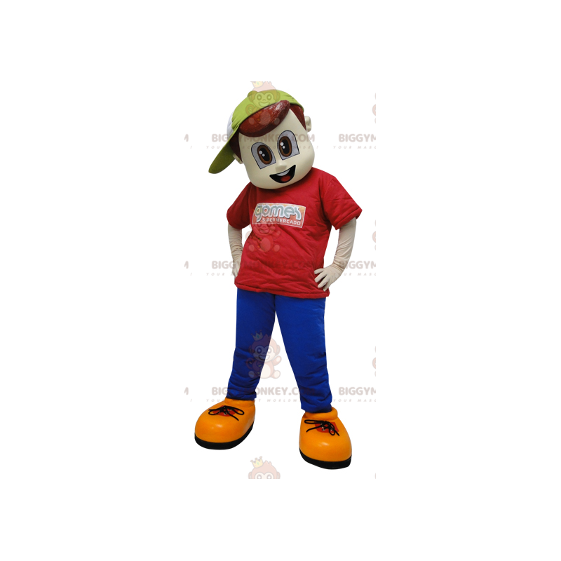 Costume da mascotte BIGGYMONKEY™ da ragazzo vestito di rosso e Costume da mascotte BIGGYMONKEY™ da ragazzo vestito di rosso e
