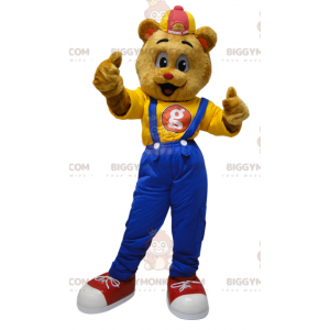 Teddy BIGGYMONKEY™ Mascot Costume Dressed in Overalls with Cap