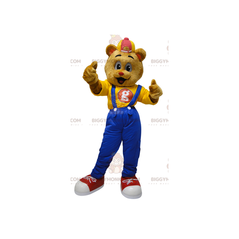 Traje de mascote Teddy BIGGYMONKEY™ vestido de macacão com boné
