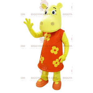 BIGGYMONKEY™ Mascot Costume Yellow Hippo Wearing Orange Floral