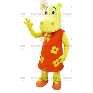 Kostium maskotki BIGGYMONKEY™ Żółty hipopotam w pomarańczowej