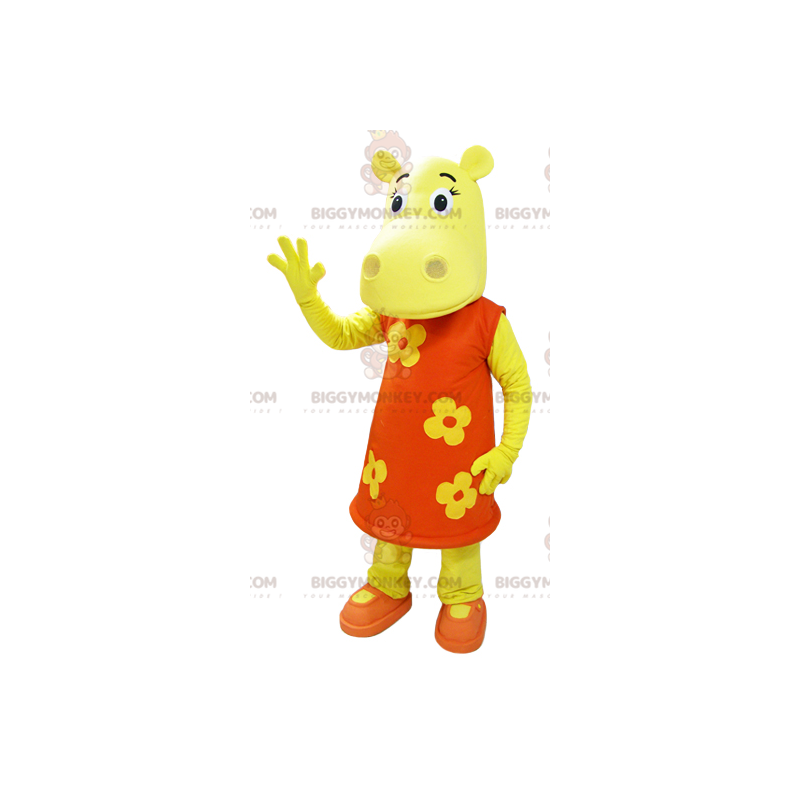 BIGGYMONKEY™ Mascot Costume Yellow Hippo Wearing Orange Floral BIGGYMONKEY™ Mascot Costume Yellow Hippo Wearing Orange Floral