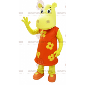 BIGGYMONKEY™ maskotkostyme Gul flodhest i oransje blomsterkjole - Hippopotamus-maskoter - BIGGYMONKEY_06011 - BiggyMonkey.com