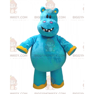 Bardzo zabawny niebiesko-żółty kostium maskotki hipopotama
