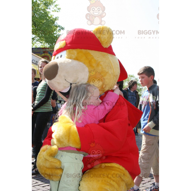 BIGGYMONKEY™ Mascottekostuum met grote gele en rode beer met BIGGYMONKEY™ Mascottekostuum met grote gele en rode beer met