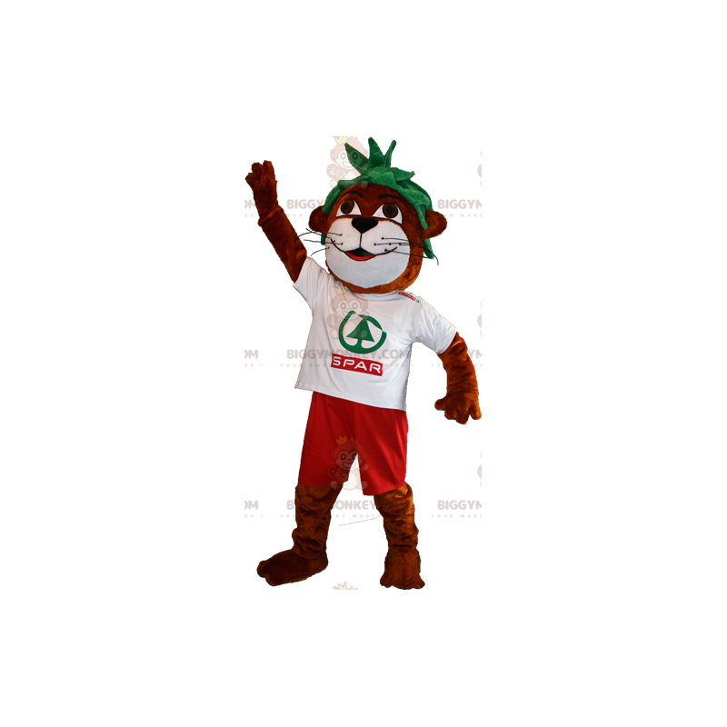 BIGGYMONKEY™ Mascottekostuum Bruine en witte otter met groen BIGGYMONKEY™ Mascottekostuum Bruine en witte otter met groen