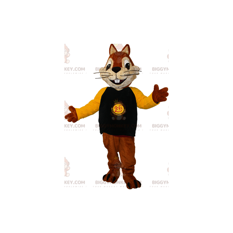 BIGGYMONKEY™ maskotkostume brunt og beige egern med gul og blå BIGGYMONKEY™ maskotkostume brunt og beige egern med gul og blå