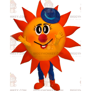 BIGGYMONKEY™ Mascot Costume Red and Yellow Sun with Blue Hat -