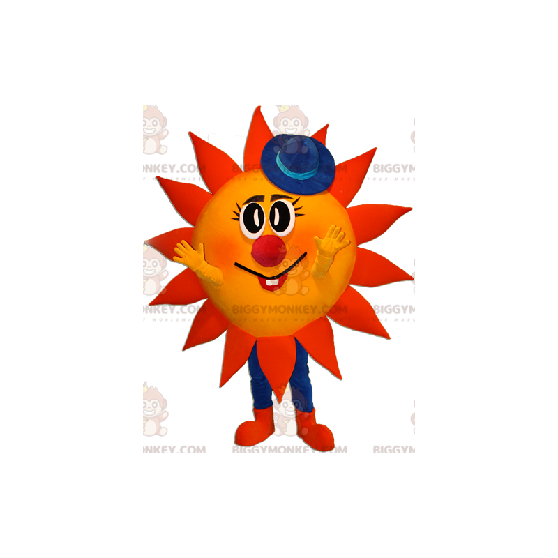 BIGGYMONKEY™ maskotkostume Rød og gul sol med blå hat - BIGGYMONKEY™ maskotkostume Rød og gul sol med blå hat -