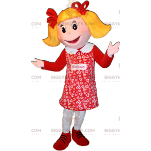 BIGGYMONKEY™ mascot costume of blonde girl dressed in red. Doll