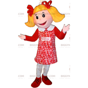 BIGGYMONKEY™ Maskottchenkostüm eines rot gekleideten blonden