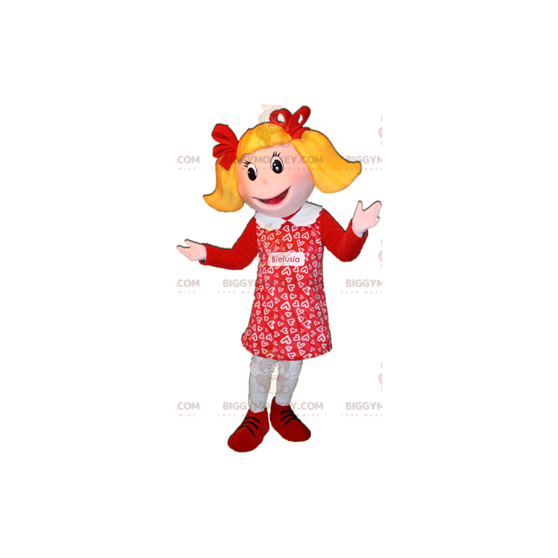 BIGGYMONKEY™ maskotkostyme til blond jente kledd i rødt. Dukke BIGGYMONKEY™ maskotkostyme - BiggyMonkey.com