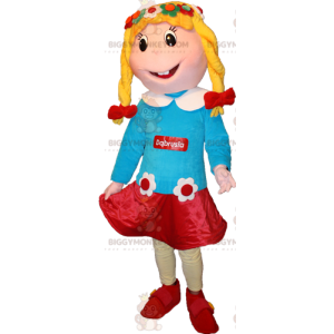 Traje de mascote BIGGYMONKEY™ Garota loira com roupa de flores