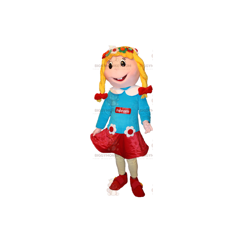 Costume de mascotte BIGGYMONKEY™ de fillette blonde avec une Costume de mascotte BIGGYMONKEY™ de fillette blonde avec une