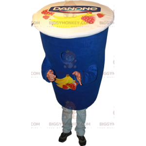 Costume de mascotte BIGGYMONKEY™ de yaourt bleu Danone. Costume