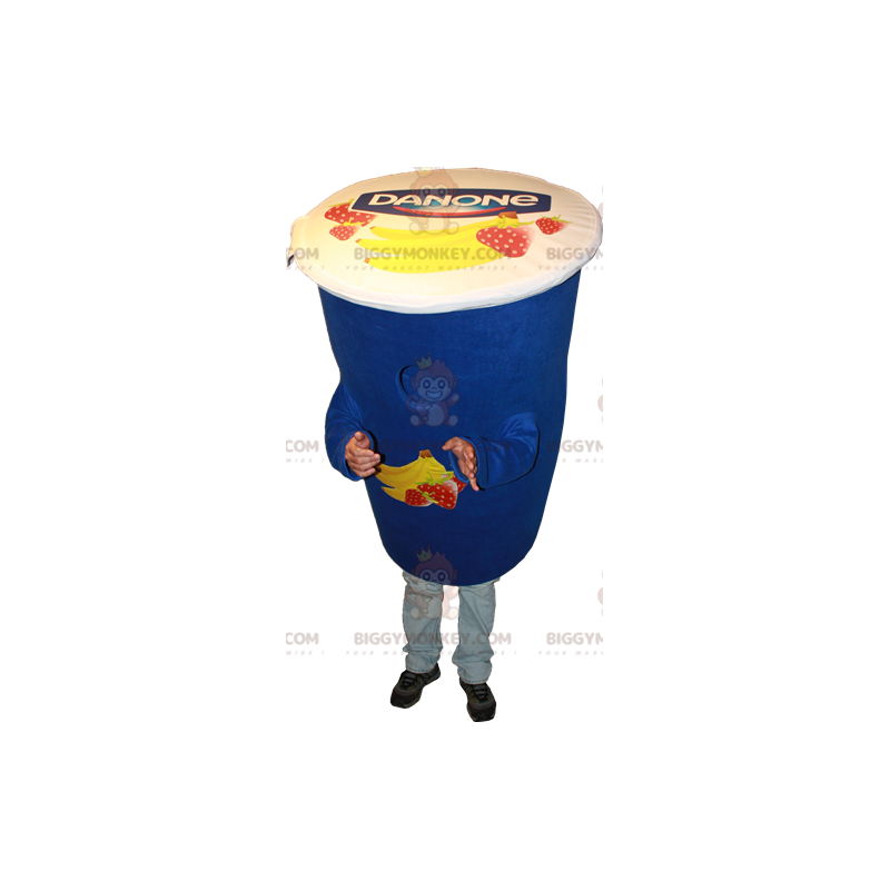 Costume de mascotte BIGGYMONKEY™ de yaourt bleu Danone. Costume