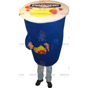 Costume de mascotte BIGGYMONKEY™ de yaourt bleu Danone. Costume