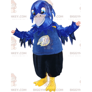 BIGGYMONKEY™ maskot kostume blå fugl sort og gul. Krage