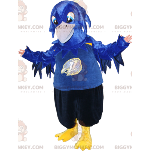 BIGGYMONKEY™ maskottiasu sininen lintu musta ja keltainen. Crow