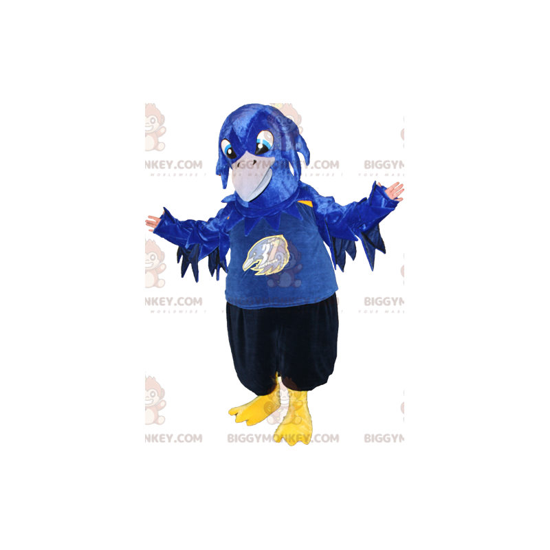 BIGGYMONKEY™ maskotdräkt blå fågel svart och gul. Kråka BIGGYMONKEY™ maskotdräkt blå fågel svart och gul. Kråka