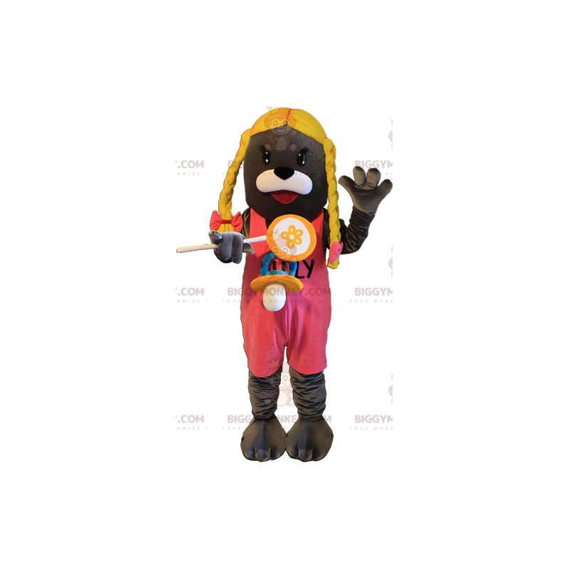 Στολή μασκότ BIGGYMONKEY™ Γκρι θαλάσσιο λιοντάρι Otter με ξανθές πλεξούδες - Ζώα του δάσους - BiggyMonkey.com