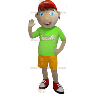Ung pojke BIGGYMONKEY™ maskotdräkt med grön och gul outfit -