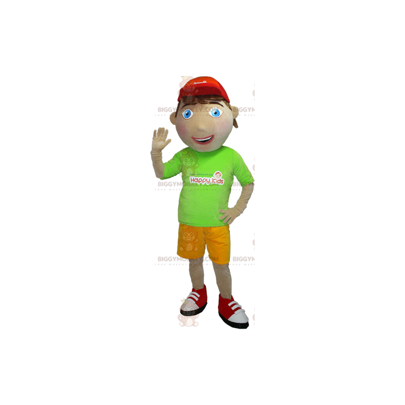 Young boy BIGGYMONKEY™ mascot costume with green and yellow Young boy BIGGYMONKEY™ mascot costume with green and yellow