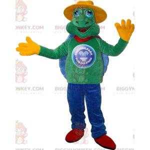 Grøn og blå skildpadde BIGGYMONKEY™ maskotkostume med gul hat -