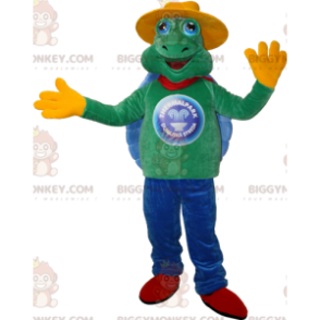 Grøn og blå skildpadde BIGGYMONKEY™ maskotkostume med gul hat -