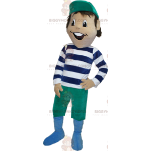 Brown boy BIGGYMONKEY™ mascot costume with striped outfit -