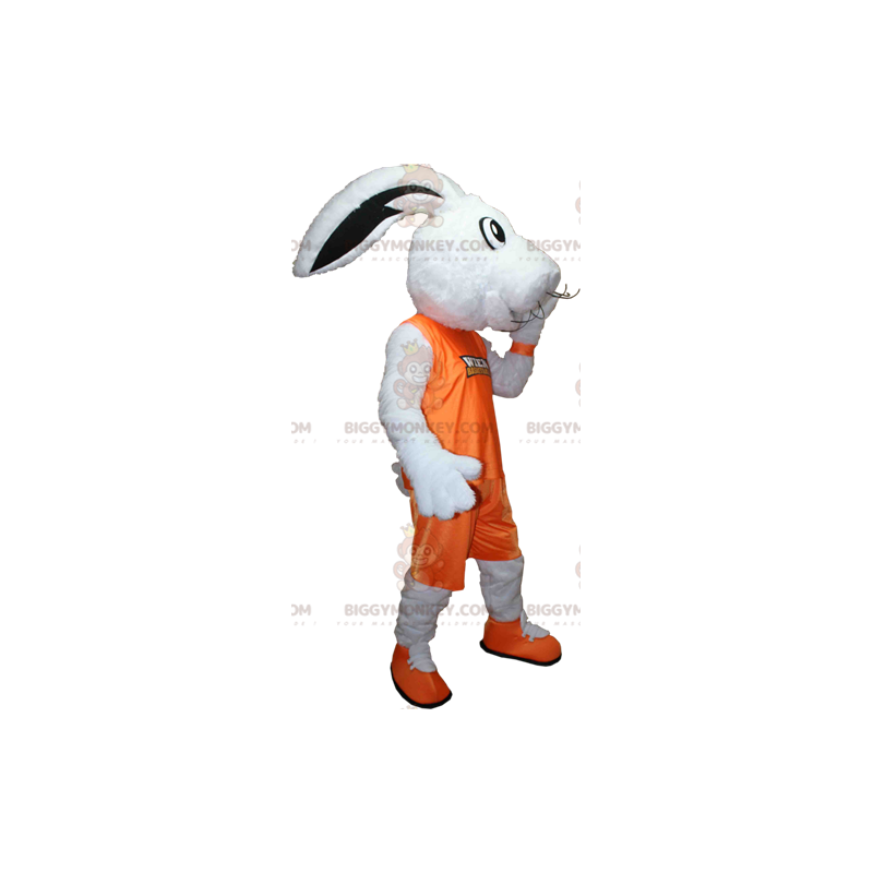 Vit kanin BIGGYMONKEY™ maskotdräkt klädd i orange sportkläder - Vit kanin BIGGYMONKEY™ maskotdräkt klädd i orange sportkläder -