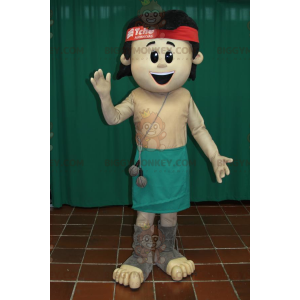 Smiling Brown Boy BIGGYMONKEY™ Mascot Costume With Green Skirt