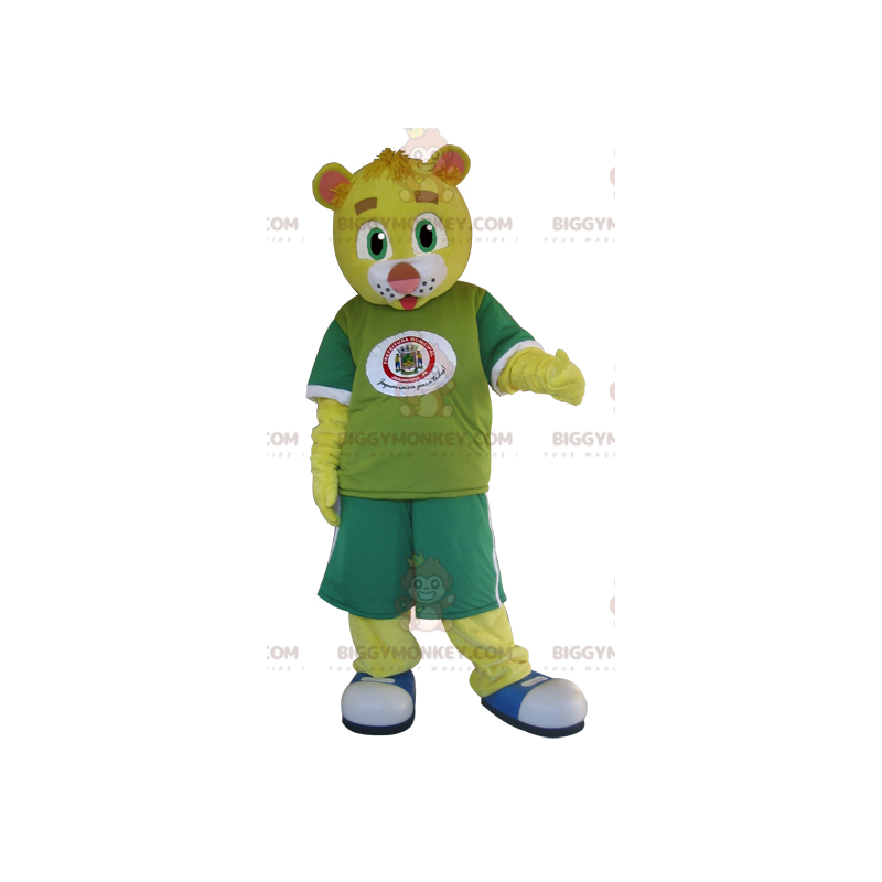 Costume de mascotte BIGGYMONKEY™ de nounours jaune habillé en Costume de mascotte BIGGYMONKEY™ de nounours jaune habillé en