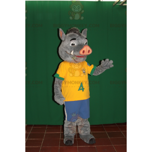 BIGGYMONKEY™ Mascot Costume Gray and Pink Boar In Sportswear -