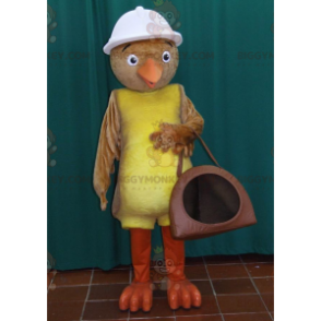 Ruskean ja keltaisen linnun BIGGYMONKEY™ maskottiasu valkoisella kypärällä - Lintu maskotti - BiggyMonkey.com