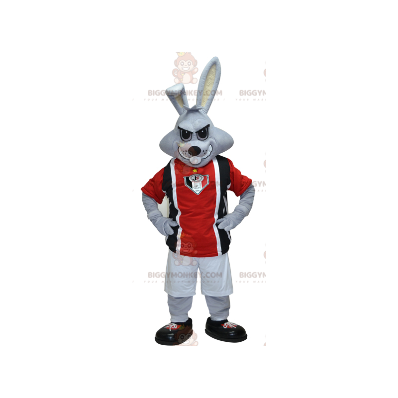 BIGGYMONKEY™ Maskotkostume Grå kanin i sort og rødt sportstøj - BIGGYMONKEY™ Maskotkostume Grå kanin i sort og rødt sportstøj -