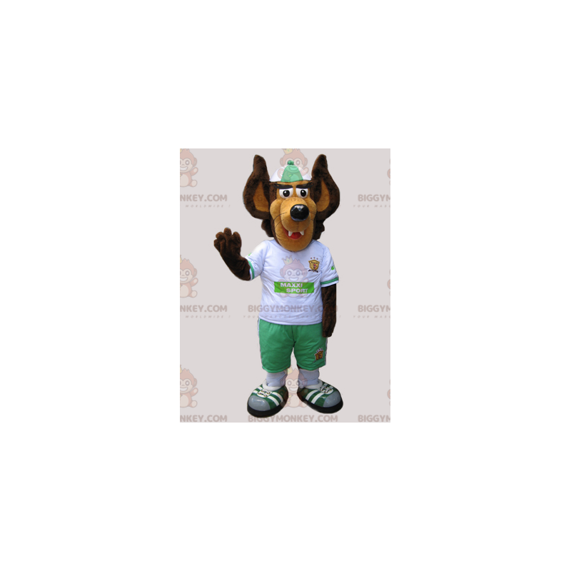 Traje de mascote BIGGYMONKEY™ de lobo marrom e castanho vestido