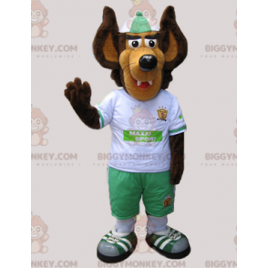 Traje de mascote BIGGYMONKEY™ de lobo marrom e castanho vestido