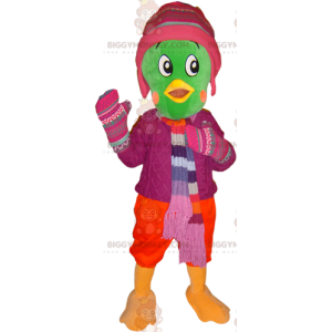 Green Bird BIGGYMONKEY™ maskottiasu talviasuun pukeutuneena -