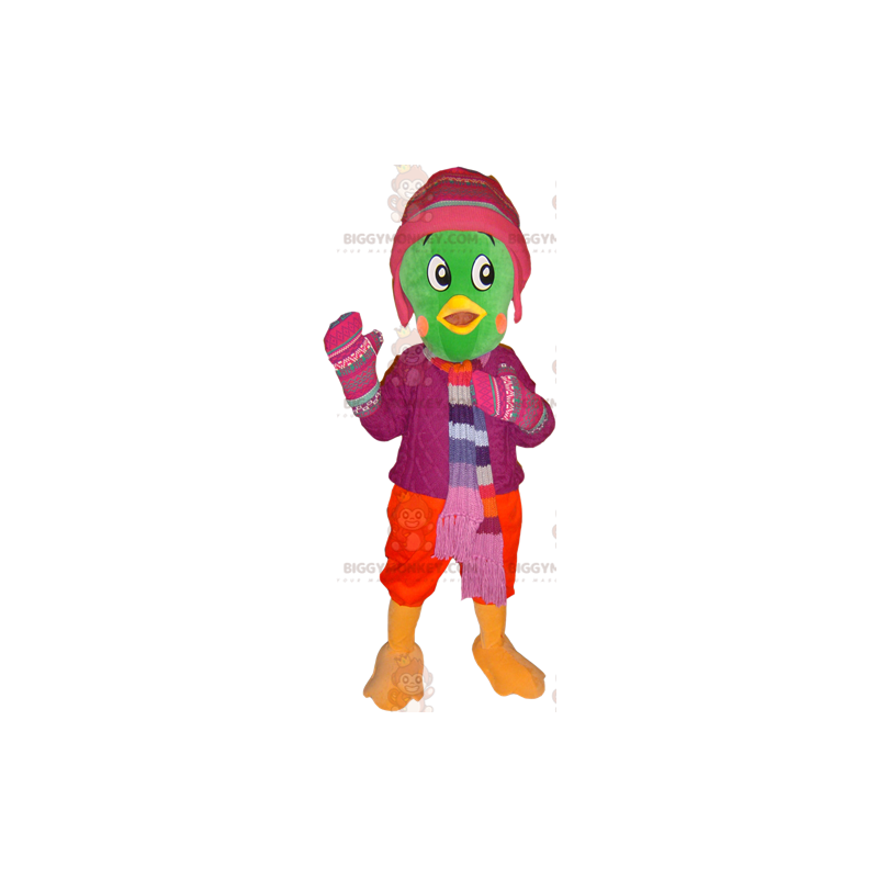 Costume de mascotte BIGGYMONKEY™ d'oiseau vert habillé en tenue d'hiver - Mascotte d'oiseaux - BiggyMonkey.com