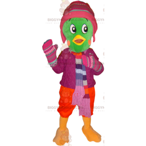 Green Bird BIGGYMONKEY™ Mascot Costume Dressed In Winter Outfit