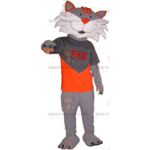 Traje de mascote de gato cinza e branco BIGGYMONKEY™. Traje de
