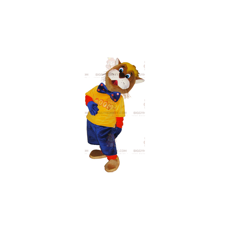 Brun og hvid kat BIGGYMONKEY™ maskotkostume klædt i blåt og Brun og hvid kat BIGGYMONKEY™ maskotkostume klædt i blåt og