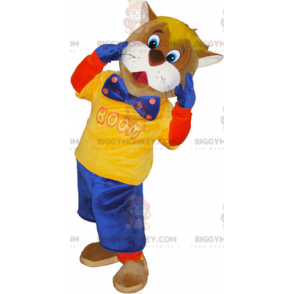 Bruine en witte kat BIGGYMONKEY™ mascottekostuum gekleed in
