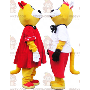 2 BIGGYMONKEY's goed geklede gele en witte kattenmascotte -