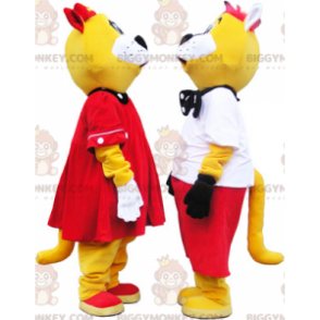 2 BIGGYMONKEY's goed geklede gele en witte kattenmascotte -