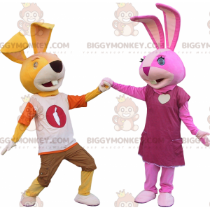 2 mascotes coelhos BIGGYMONKEY™s, um amarelo e outro rosa –