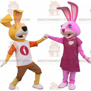 2 BIGGYMONKEY™s kaninmaskoter, den ene gul og den andre rosa - Kanin maskot - BIGGYMONKEY_06135 - BiggyMonkey.com